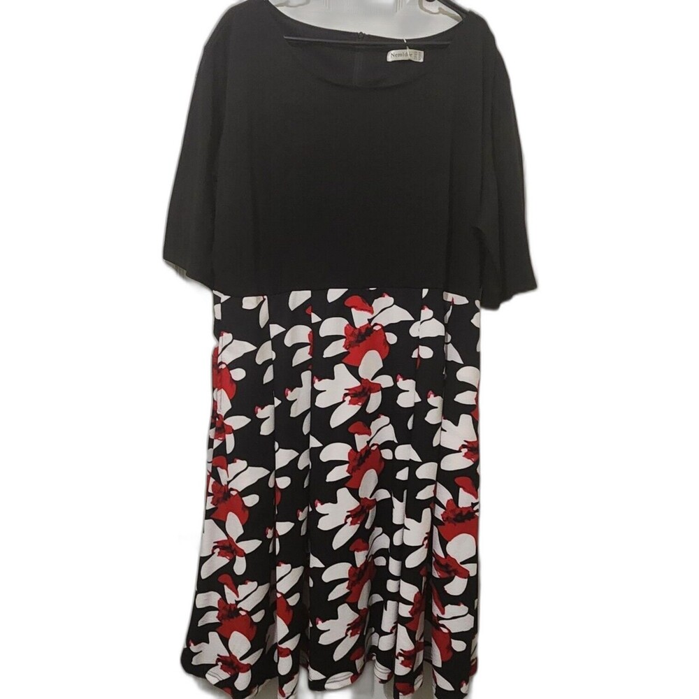 Nemidor Womens Midi Dress Size 26 Black White Red Floral Print Pockets Pinup